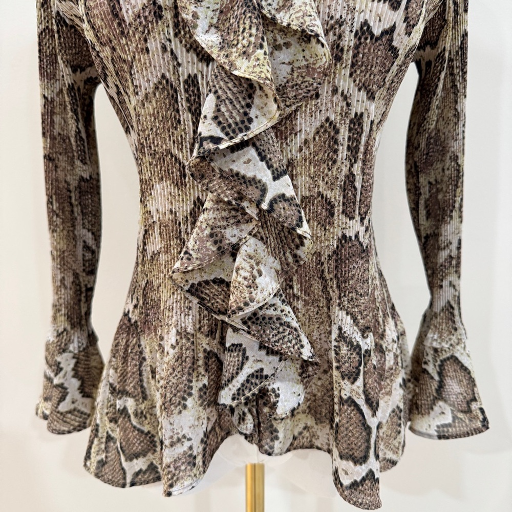 Vintage Python Snake Print Ruffle Blouse Bell Sle… - image 6